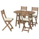 Wooden outdoor table and four folding chairs, three assembled, one folded, brown with cream cushions.