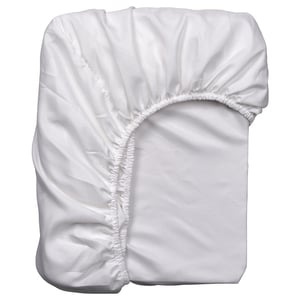 White BÄRGLIM fitted sheet; rectangular, elastic edges, soft recycled polyester.