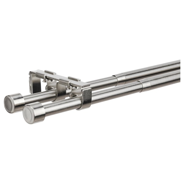 BEKRÄFTA chrome curtain rod set with brackets and finials. Modern metallic, sleek design.
