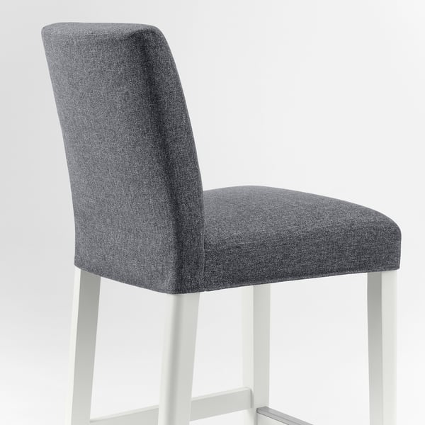 Modern grey upholstered bar stool with white legs, designed for comfort with a supportive back and seat.