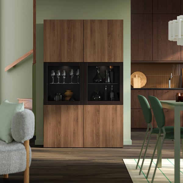 BESTÅ Storage combination w glass doors, black-brown Lappviken/brown walnut effect, 120x42x193 cm