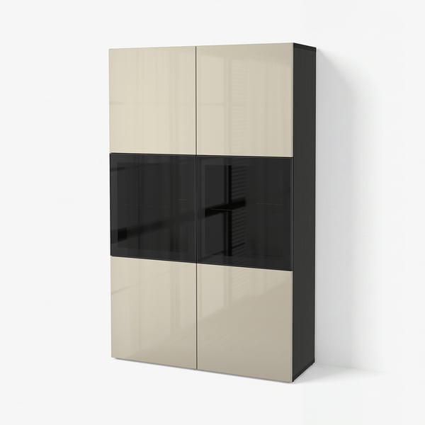 BESTÅ Storage combination w glass doors, black-brown/Selsviken high-gloss/beige clear glass, 120x42x193 cm