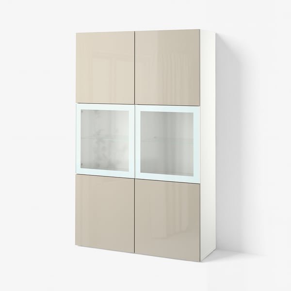 BESTÅ Storage combination w glass doors, white/Selsviken high-gloss/beige clear glass, 120x42x193 cm