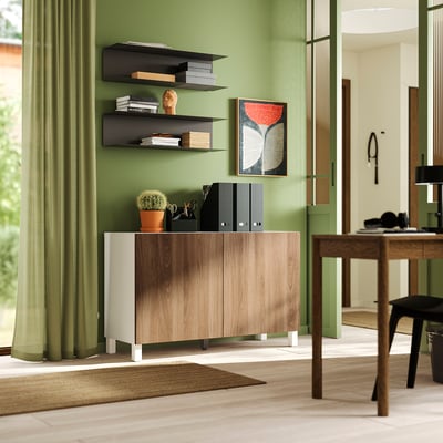 BESTÅ Storage combination with doors, white brown/Lappviken/Stubbarp brown walnut effect, 120x42x74 cm