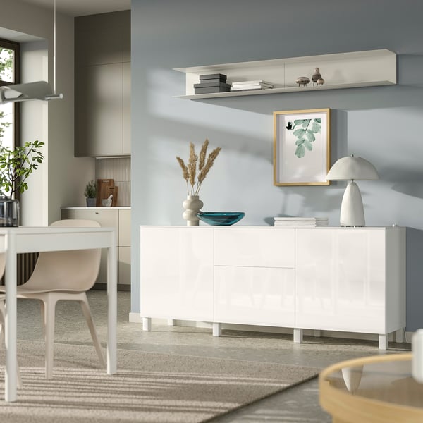 BESTÅ Storage combination with drawers, white/Selsviken/Stubbarp high-gloss white, 180x42x75 cm