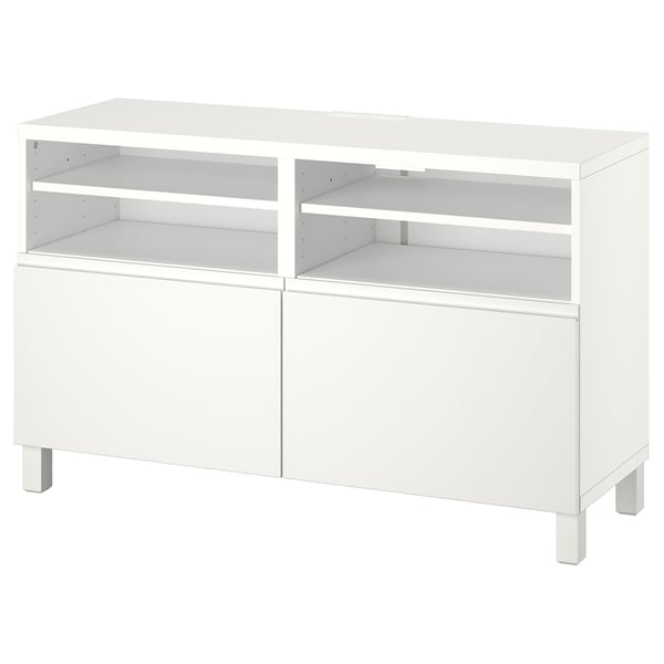 A white BESTÅ tv bench with adjustable shelves and cable management.