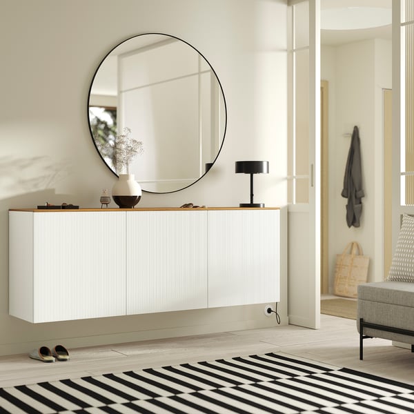 BESTÅ Wall-mounted cabinet combination, white Förvaltare/brown walnut effect, 180x42x65 cm