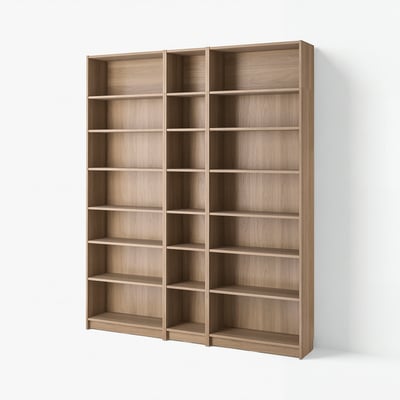 BILLY bookcase: tall, light brown, wooden with adjustable shelves, simple design.