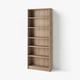 A tall, light brown BILLY bookcase with six empty shelves against a white wall. It has a simple and sleek design with a wood-like texture.