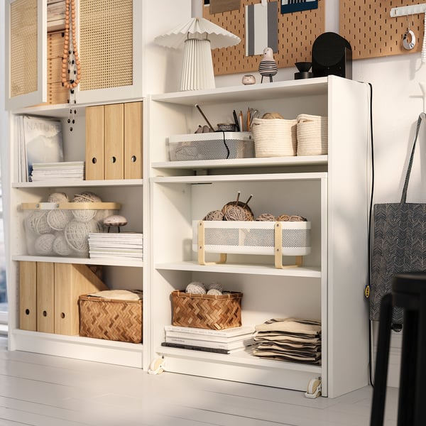 Shelving unit with open & closed storage, plus foldable workspace.