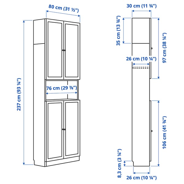 Illustration with measurements for the product: BILLY.