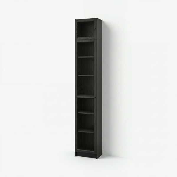 Tall black BILLY bookcase against white wall, sleek design, six empty shelves.