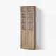 An IKEA BILLY bookcase in beige with glass doors and adjustable shelves. It is a tall, rectangular wooden unit with a light brown finish.