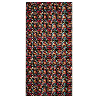 BLÅRAPUNKEL fabric: rectangular with dark floral print in red, orange, yellow, blue on dark background, 100% cotton.