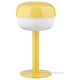 BLÅSVERK lamp: yellow, retro style with round white shade, aluminium tube, sits on plastic base.