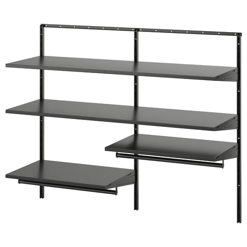 BOAXEL: black wall-mounted storage system with four shelves. Modern, minimalist design ideal for organizing outdoor clothing.