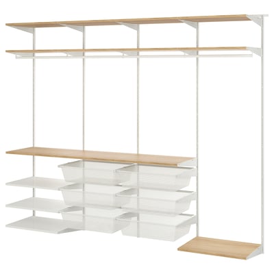 A white BOAXEL storage system with wooden shelves and mesh drawers for organised storage.