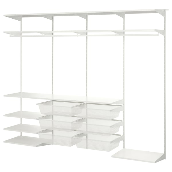 White BOAXEL wall storage system with shelves and mesh baskets.