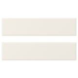 Displays two white rectangular BODBYN cabinet doors, featuring smooth, bevelled edges and a lacquered finish.