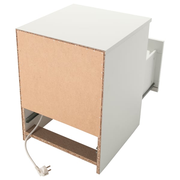 White cabinet with open drawer, exposing inner structure and cord. Ideal for hiding electronics and charging stations.