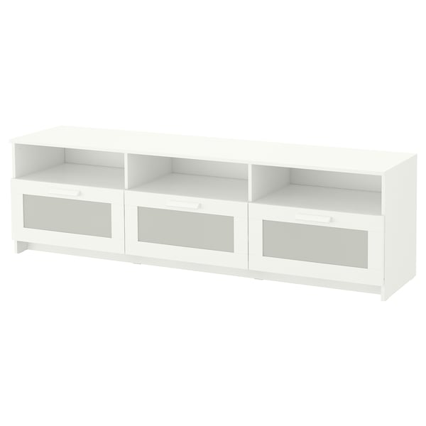 A BRIMNES tv bench in white with glass doors and open shelves. Modern design provides storage for media accessories.