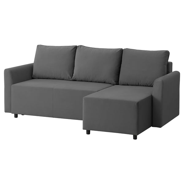 Grey l-shaped sofa bed with dark legs, sleek design, and comfortable cushions.