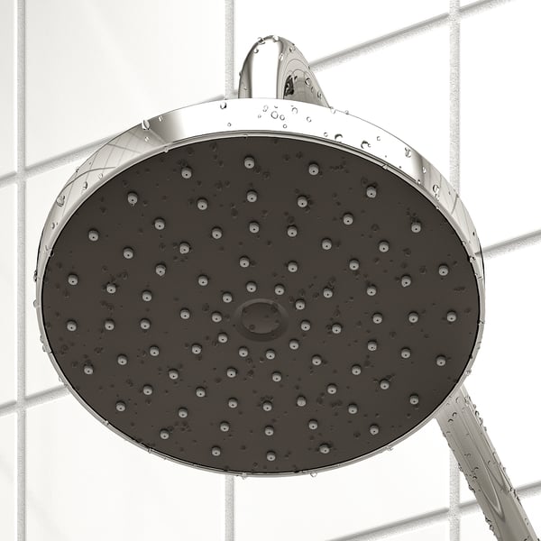 A modern showerhead with numerous nozzles, offering full spray coverage, mounted on a sleek chrome rail.