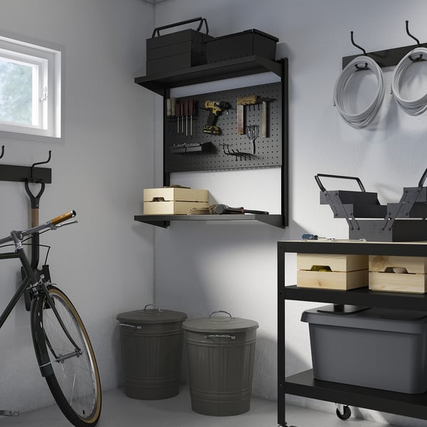 BROR grey storage system with shelves, tools, bins, bike, and accessories