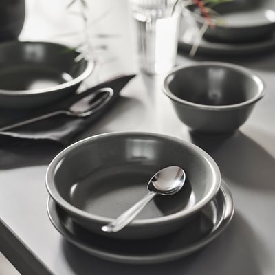 DAGGASTER Deep plate, dotted/grey, 19 cm