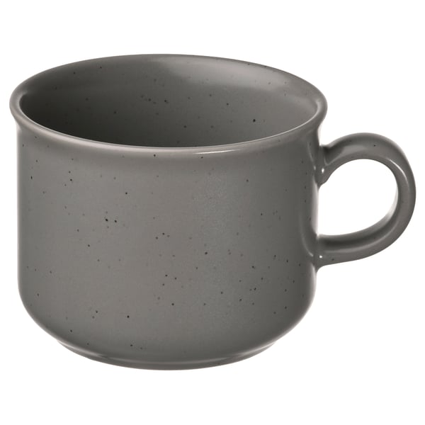 Round grey stoneware mug with speckled design and handle.