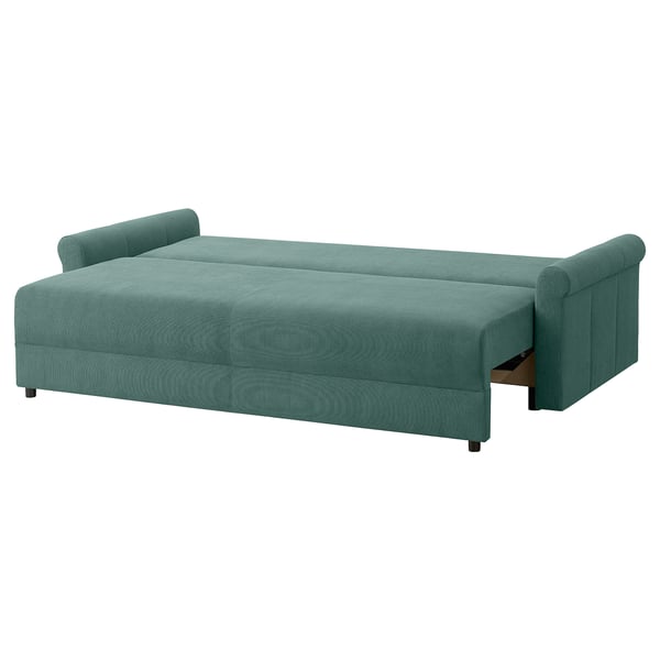 DÅNHULT teal sofa-bed, cushioned, convertible, storage, recycled polyester.