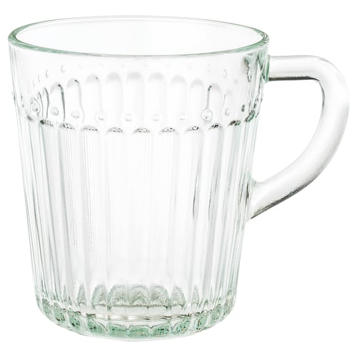 DRÖMBILD clear glass mug, ribbed texture, sturdy handle, heat-resistant tempered glass.