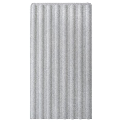A grey EILIF office screen, rectangular, with horizontal lines and made of recycled polyester fabric.