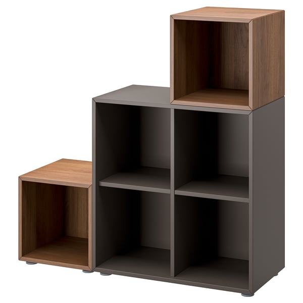 EKET storage shelves: grey and wood; cube shapes; modular design.