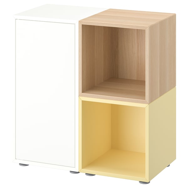 Two-toned cube shelf unit, light wood and white, with adjustable feet.