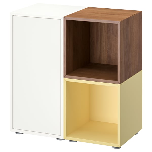 EKET storage unit: white & wooden cube combo with yellow bottom, open top, simple modern design.