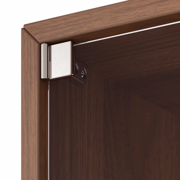 Dark wood cabinet with metal hinge, showing quality craftsmanship.