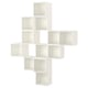An EKET white wall-mounted storage unit made of fiberboard, particleboard, and galvanized steel, featuring an asymmetrical cube design.
