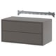 Grey wall-mounted cabinet with two drawers and metal rail for suspension. Simple, modern design with clean lines. Ideal for storage.