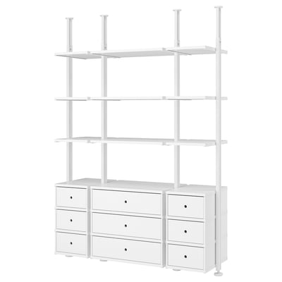 A white ELVARLI storage unit with shelves and drawers. Its adjustable, using aluminum posts, and has a modern, clean design.