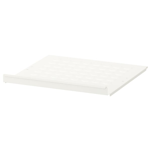 A white ELVARLI shelf. Its rectangular with smooth edges, made of epoxy-coated steel. Simple, clean, and functional.