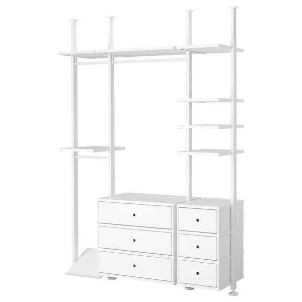 A white ELVARLI storage unit with shelves and drawers. Its designed to maximize space with adjustable.