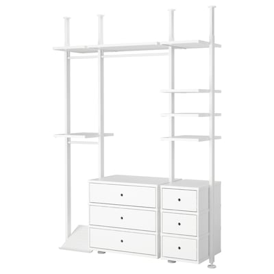 A white ELVARLI storage unit with shelves and drawers. Its designed to maximize space with adjustable.