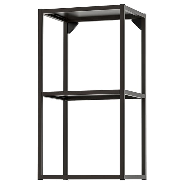 ENHET black metal shelf unit with three empty glass shelves.