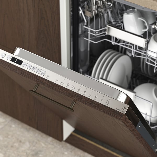 Open built-in dishwasher with 3 racks and quiet wash modes, ideal for small spaces.