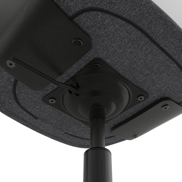 Bottom of modern adjustable office chair, showcasing metal base and sturdy build.