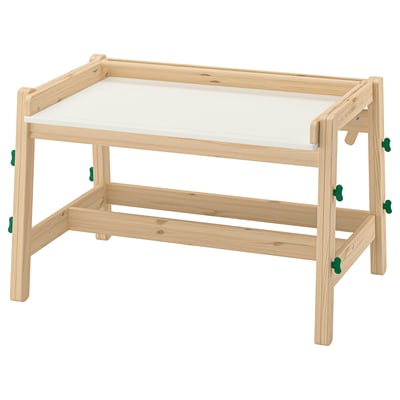 FLISAT kids desk, light brown wood & white top, adjustable, angled holder.