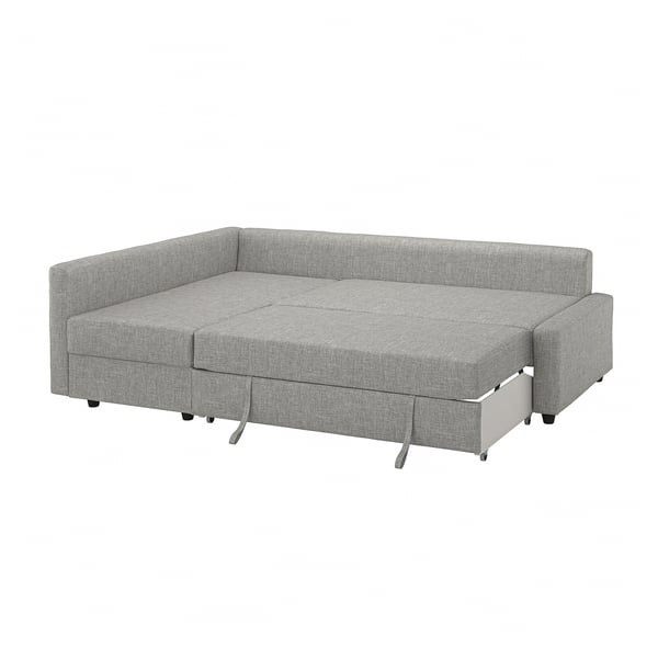 Convertible grey fabric sofa bed with storage.