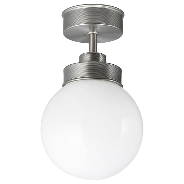 FRIHULT silver ceiling light with round white glass globe.