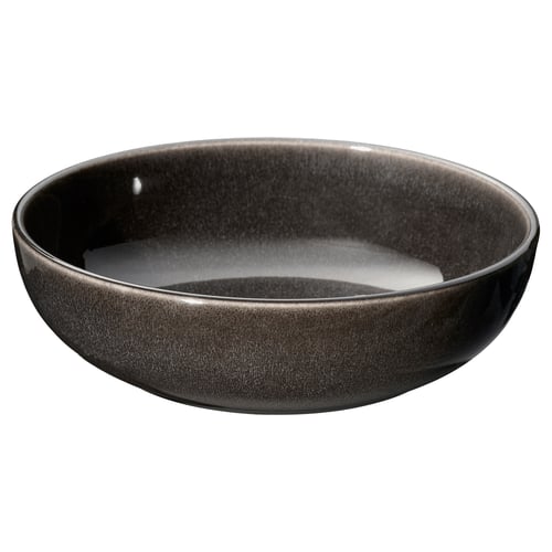 Dark grey glazed ceramic bowl, round and shallow, modern design.